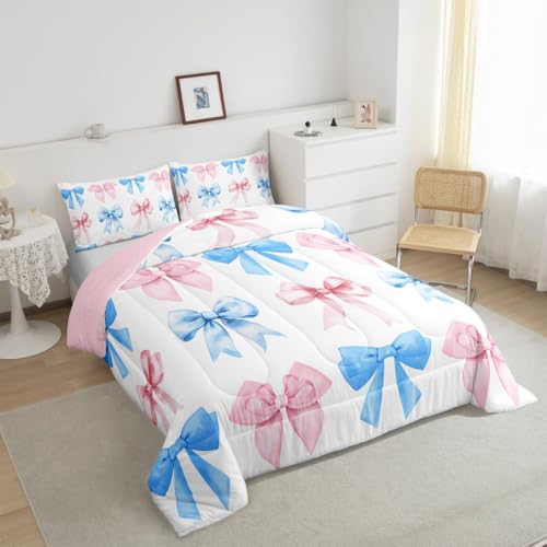 Erosebridal Rainbow Bows Comforter Set Twin,Pink Blue Kawaii Bowknot Bedding for Kids Girls,Watercolor Ribbon Bows Duvet Insert,Aesthetic Coquette Down Comforter Erosebridal