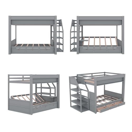 HRJHLucky Full Size Convertible Futon Bunk Bed with Storage Staircase, Bedside Table and 3 Drawers (Gray) HRJHLucky