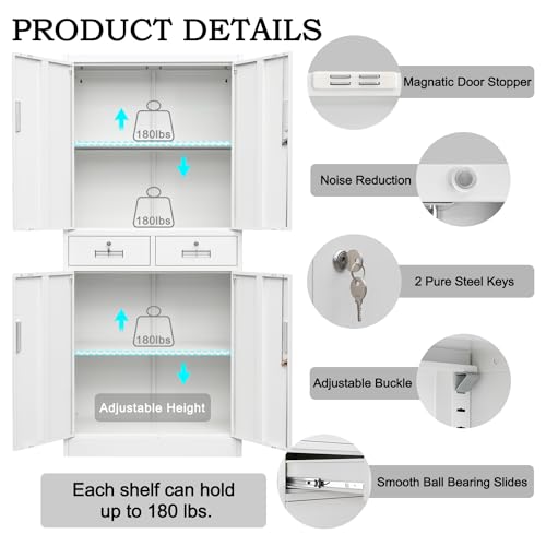 YEEZER Metal Storage cabinets, with 2 Adjustable Shelves, Lockable 71 "H Steel Garage Cabinet with 2 Drawers, Suitable for Offices, garages, Warehouses, Schools, and Homes (White) - WoodArtSupply