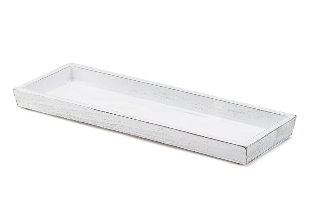 Euneek Designs Farmhouse Distressed Whitewash Wood Tray - Vanity, Bathroom, Toilet Tank, Countertop Organizer - Perfume or Jewelry Storage, Candle Votives or DIY Decor Projects and Wedding Centerpcs