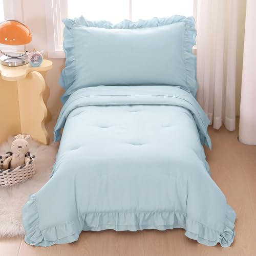 Wowelife Toddler Comforter for Girls Blue Toddler Bedding Set 4 Pieces Double Ruffles Comforter Sets, Cozy and Tender Bedding Includes Comforter, Fitted Sheet, Flat Top Sheet and Pillowcase Wowelife
