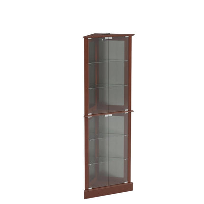 BELLEZE Lighted Corner Display Curio Cabinet Wooden Shelving Unit with Tempered Glass Door, Bar and Liquor Storage Area with 6 Shelves - Woody (Walnut)