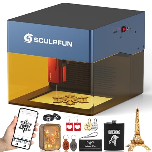 SCULPFUN iCube Pro Laser Engraver, 5000mW Desktop Laser Cutter with Smoke Filtration System, Laser Class 4, 125×125mm Engraving Area, No Assembly Required, 0.01mm Carving Precision KoveYzao