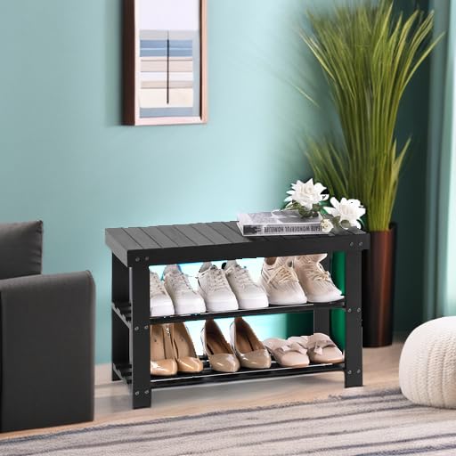 Apicizon Bamboo Shoe Rack for Entryway, 3-Tier Shoe Rack Bench for Front Door Entrance, Small Shoe Organizer with Storage, Black Apicizon
