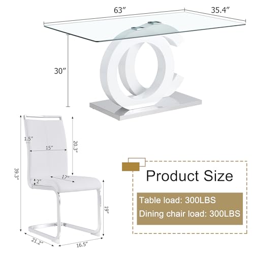Ebullient Glass Dining Table Set for 6 ，7 Piece Dining Table Set,Tempered Glass Table Top，White Modern Dining Room Table with 6 PU Leather Ergonomic Dining Chairs Ebullient