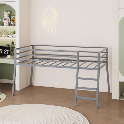Lutown-Teen Low Metal Twin XL Loft Bed with Ladder and Guardrail for Kids or Teens, Space Saving XL Twin Loft Bed for Small Bedroom, Grey Lutown-Teen