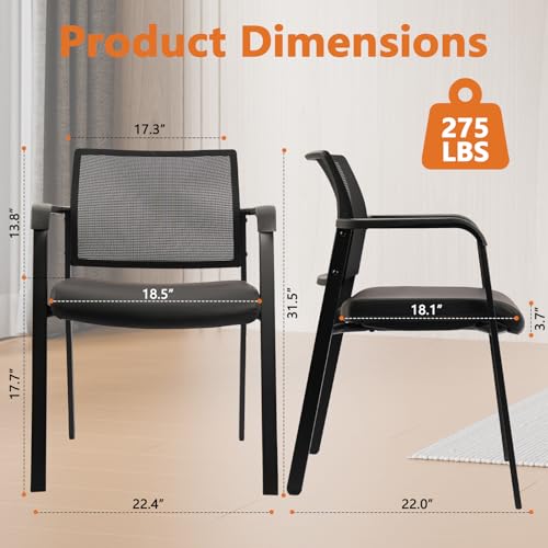 CLATINA Stackable Office Chair, Mesh Back Guest Chairs with Comfortable Leather Seat Arms Stacking Ergonomic Desk Chair No Wheels for Conference Waiting Reception School Stationary, Black, Set of 4 CLATINA