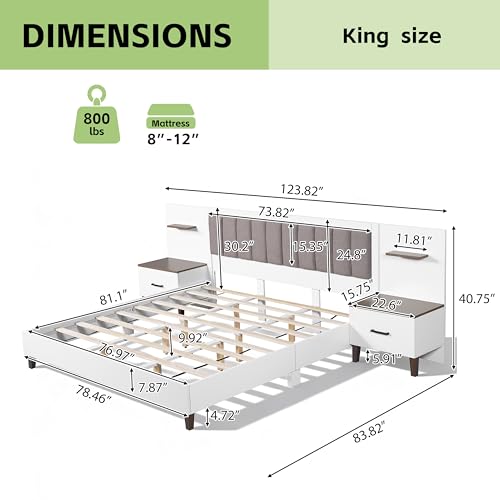 Merax King Size Bed Frame with 2 Nightstands and 2 Floating Shelves, Contemporary Platform Bed with Brown Polyester Upholstered Headboard, Middle Legs Support, No Box Spring Needed Merax