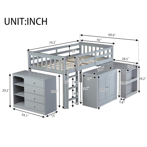 Merax Loft Bed Twin Size with Pull Out Desk, Low Loft Bed with Underneath Cabinet, 3 Side Drawers and Shelves, Wood Bed Frame with Guardrails and Ladder, Wood Slat Support, No Box Spring Need, Gray Merax