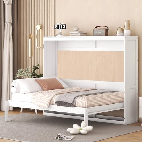 Ball & Cast Full Size Murphy Bed,Hideaway Beds with Dual Piston Metal Folding Mechanism Designed,Wood Wall Cabinets Bedframe w/Slat Support and Storage Platform Top,Hardware Chain,for Apartment,White Ball & Cast