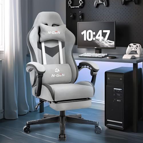 N-GEN GAMING Video Gaming Chair with Footrest Lumbar Support for Home Office High Back Recliner Height Adjustable Ergonomic Comfy Fabric Computer Desk Chair (Grey) N-GEN GAMING