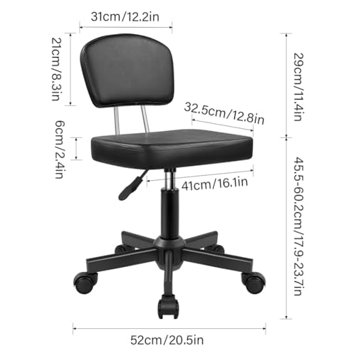 WKWKER Rolling Stool Chair with Backrest Height Adjustable 360° Swivel Stool with Wheels Square Seat PU Leather Rolling Stool for Bedroom Counter Shop Salon Massage Home Office Drafting Work (Black) WKWKER