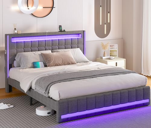 Dnxao Dark Grey Queen Upholstered Bed Frame with LED Lights and USB Charging Station - WoodArtSupply