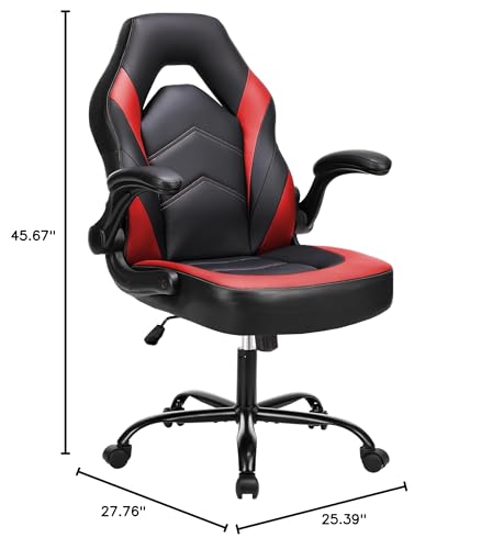 DUMOS Ergonomic Computer Gaming Chair with Flip-up Armrest, Height Adjustable PU Leather Home Office Desk Chair with Lumbar Support Swivel Wheels and for Adults and Kids, Scarlet Red DUMOS