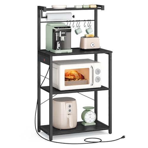 VASAGLE Kitchen Bakers Rack with Power Outlet, Coffee Bar 4-Tier with 8 S Hooks, Microwave Stand, Adjustable Shelf, for Small Spaces, Charcoal Gray and Ink Black UKKS014B01V1