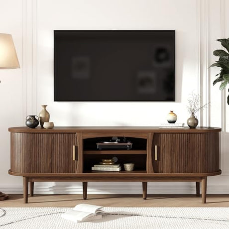 Decofy Mid Century TV Stand for TVs up to 80 Inches, Entertainment Center with Storage, Power Outlet, Fluted Sliding Doors & Adjustable Shelves, Modern Media TV Console Table for Living Room (Walnut) Decofy