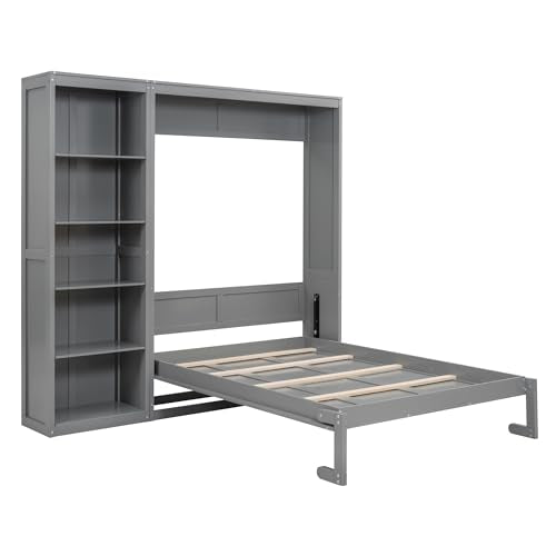 Harper & Bright Designs Gray Full Size Murphy Bed with Storage Shelves, Wood Cabinet Full Platform Beds with Flexible Slats Support, Foldable Wall Bed Frame for Home Office Studio Harper & Bright Designs