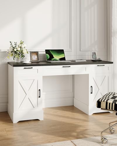 HOPUBUY Farmhouse Executive Desk with File Drawers,Wood Home Office Desk w/Charging Station,Adjustable Storage Cabinets,White Computer Writing Desk for Work,Study HOPUBUY