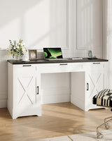HOPUBUY Farmhouse Executive Desk with File Drawers,Wood Home Office Desk w/Charging Station,Adjustable Storage Cabinets,White Computer Writing Desk for Work,Study HOPUBUY
