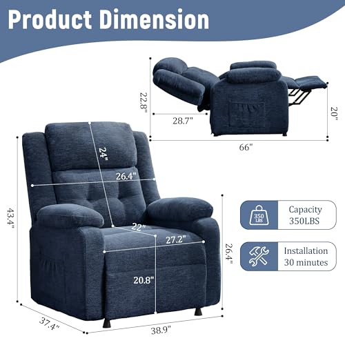 Korser Power Recliner Chair for Adults, Oversized Electric Recliner with Thickened Cushions, Chenille Fabric Reclining Chair for Living Room, Bedroom, Blue