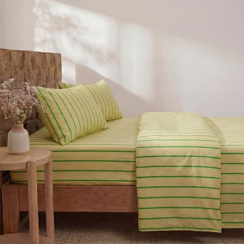 Merryword 100% Cotton Sheet Set Queen Size, Khaki & Green Stripes Bedding, Soft Breathable Percale Weave, Modern Minimalist, Luxury Linen Like, Deep Pocket Fitted Sheet 17.5" Merryword