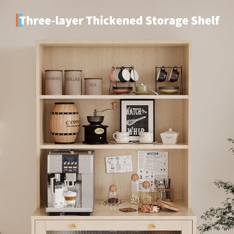 MilleLoom 62" Pantry Cabinet with Storage Drawers, Farmhouse Kitchen Hutch Bar Cabinet with 3-Tier Open Shelf & Microwave Stand, Kitchen Cupboard with Glass Door for Dining/Living Room, Wood MilleLoom