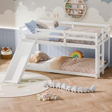 Callales Twin Bunk Bed with Slide, Solid Pine Wood Loft Bed Frame for Kids, Toddlers, Floor Loft Low Bunk Bed Twin Over Twin with Ladders, Safety Guardrails, Storage Space, Bedroom (White) Callales