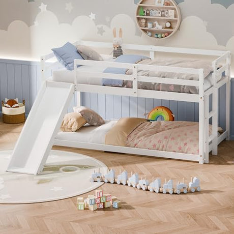 Callales Twin Bunk Bed with Slide, Solid Pine Wood Loft Bed Frame for Kids, Toddlers, Floor Loft Low Bunk Bed Twin Over Twin with Ladders, Safety Guardrails, Storage Space, Bedroom (White) Callales