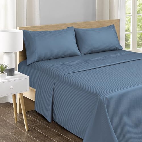 Feather & Stitch 500 TC Queen Size Damask Bed Sheet Set, 100% Cotton Soft Breathable Bedsheets, 4 Piece 18" Deep Pockets Sateen Weave Striped Bedding Mattress Resort Hotel Luxury Décor - (Blue Stripe) FEATHER & STITCH NEW YORK