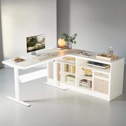 ModernMate 67" L Shaped Standing Desk with Drawers and File Cabinet, AC/USB, 1.18" Desktop, Height Adjustable Wood Desk, Electric Desk with Multiple Functions for Home and Office, White Rattan ModernMate