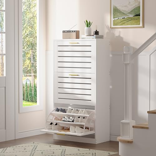 VECELO Shoe Cabinet Storage for Entryway with 3 Flip Drawers Slim Hidden Free Standing Organizer for Narrow Hallway, Bedroom, Living Room, Large Capacity, Modern, White, 3-Shelf - WoodArtSupply