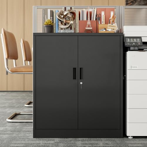BESFUR Metal Garage Storage Cabinet with 2 Locking Doors and 2 Adjustable Shelves, 36" Black Metal Short Storage Cabinet for Home Office,Garage,School,Utility Room BESFUR