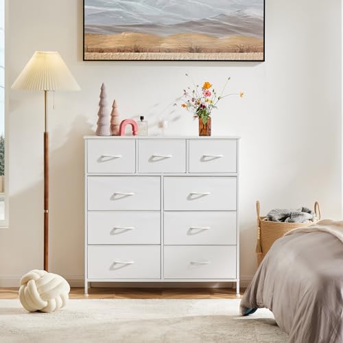 DUMOS Dresser for Bedroom, Storage Organizer with 9 Drawers, Chest of Drawers with Fabric Bins, Sturdy Metal Frame, Wood Tabletop for Guest Room, Closet, Entryway, Nursery DUMOS
