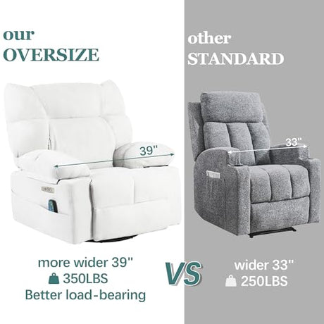 AISALL Power Swivel Rocker Recliner Chair Oversized for Adults, Electric Heated & Massage Chair Recliner with USB/Type-C, Fabric Nursery Recliner for Living Room,Bedroom, White AISALL