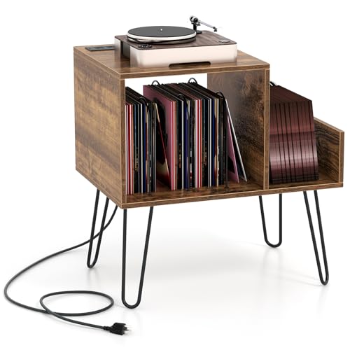 Giantex Record Player Stand with Charging Station, Turntable Stand with Vinyl Divider & Display Shelf, Mid-century Modern End Table Holds Up to 150 Albums, Vinyl Record Storage Cabinet for Living Room Giantex