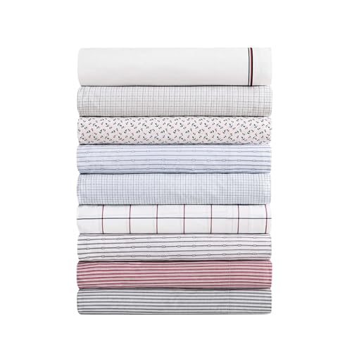 Tommy Hilfiger - Sheet Set, Cotton Percale Bedding with Matching Pillowcases, Crisp & Cool, Premium Quality Home Essentials (Global Stripe Red, King) Tommy Hilfiger