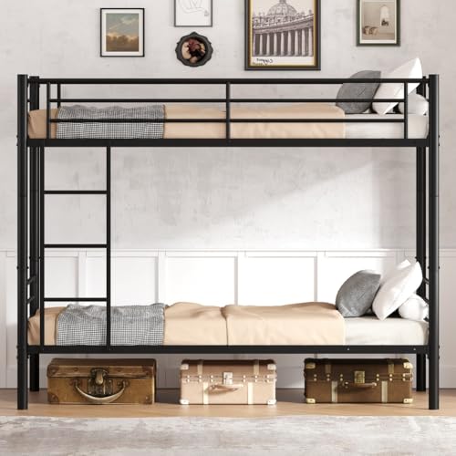 NestLude Metal Bunk Bed Twin Over Twin with Ladders & Guardrail, Industrial Beds Frame Heavy Duty 2 in 1, Space-Saving for Bedroom, Dormitory (Black) NestLude