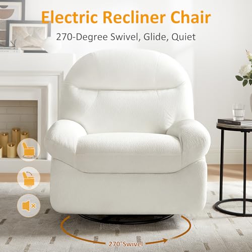 VANOMi Power Recliner Chair with USB & Type-C Charging, 270° Swivel Glider Rocker, Electric Nursery Recliner for Living Room, Bedroom, and Office, White