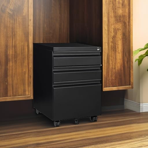 AFAIF 3 Drawer Mobile File Cabinet with Lock, Rolling File Cabinet for Home Office, Under Desk Small File Cabinet, Metal Vertical Black Filing Cabinet for Legal/Letter/A4 File, Black AFAIF