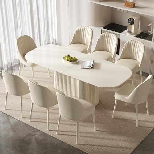 Guyii 86.61" Oval Dining Table Set with 8 Chairs, Modern Kitchen Table Set, Indoor Rectangular Dining Room Table for Kitchen, Bar, Living Room, Breakfast Nook, Cream White Guyii