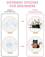 TINDTOP 2 Pack Embroidery Kit for Adult Beginners, Embroidery DIY Starter Kit, with Black Cat and Flowers Stamped Patterns, Hoop, Tools, Colorful Threads with Needles, Instructions