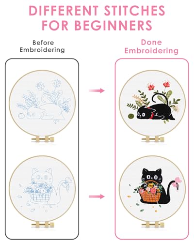 TINDTOP 2 Pack Embroidery Kit for Adult Beginners, Embroidery DIY Starter Kit, with Black Cat and Flowers Stamped Patterns, Hoop, Tools, Colorful Threads with Needles, Instructions TINDTOP