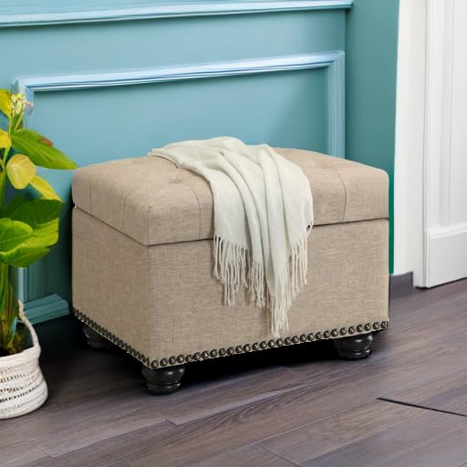 Convenience Concepts Designs4Comfort 5th Avenue Storage Ottoman 24" - Contemporary Foot Stool and Seat with Hinged Lid for Living Room, Dining Room, Office, Den, Tan Fabric Convenience Concepts