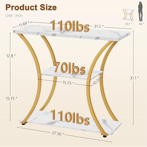 Hoctieon 3 Tier Console Table with Open Wood Shelves, Decorative Entryway Table with Curved Metal Frames, Narrow Sofa Table for Entrance, Living Room, Hallway, Gold and White Marbled Hoctieon