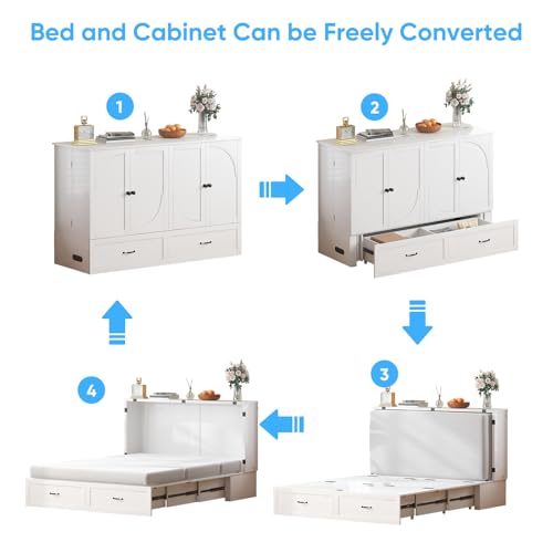 Mjkone Queen Size Murphy Bed Cabinet with Drawers & Tri-Folding Mattress, Modern Multifunctional Guest Chest Cabinet Wall Bed with USB Charging Station for Bedroom Living Room Apartment - White Mjkone