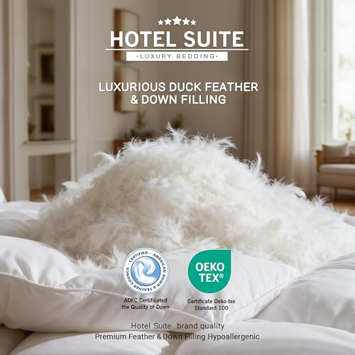 Hotel Suite Luxurious Feather and Down Comforter Duvet Insert Full/Queen Size, 100% Cotton Cover, Hotel Collection Quilts, 56 oz Fill Weight, All Season Medium Warmth 88 x 88 Inch White Hotel Suite