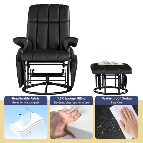 AODAILIHB 360° Swivel Glider Recliner with Ottoman, Nursing Glider Rocking Chair with Foot Rest & 2 Side Pockets for Nursery, Living Room, Bedroom, Office, Black