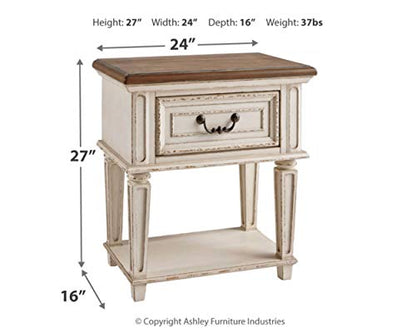 Signature Design by Ashley Realyn Traditional Cottage 1 Drawer Nightstand with Dovetail Construction & Open Display Shelf, Chipped White, Distressed Brown - WoodArtSupply