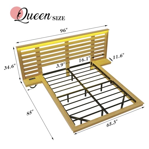 YUMPIE Maple Yellow Farmhouse Queen Floating Bed Frame with Nightstands, LED Lighting, and Charging Station - WoodArtSupply