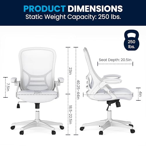 Flash Furniture Porter High-Back Swivel Office Chair with Adjustable Lumbar Support and Height, Ergonomic Mesh Desk Chair with Flip-Up Armrests, White Flash Furniture